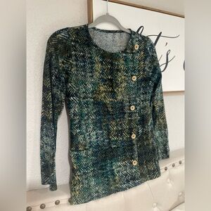 Green and Blue Patterned Sweater with Button Detail